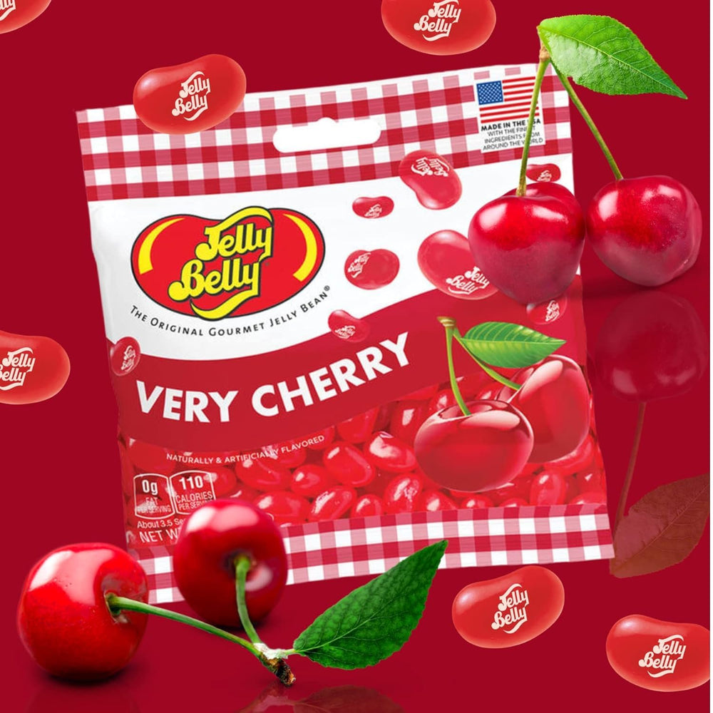 Jelly Belly Very Cherry label detail emphasizes quality and flavor.