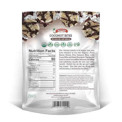 Jennies dark chocolate bites close-up shows chocolate and coconut texture, ideal quick snack.