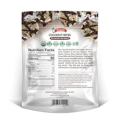 Jennies dark chocolate bites close-up shows chocolate and coconut texture, ideal quick snack.