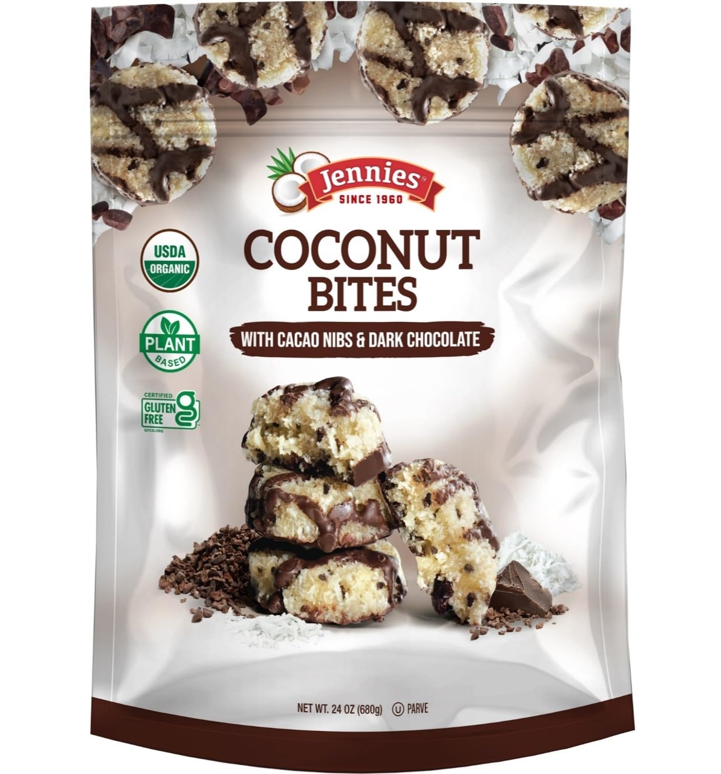 Jennies bites packaging highlights organic ingredients and gluten-free, kosher certification.