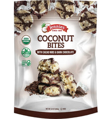 Jennies bites packaging highlights organic ingredients and gluten-free, kosher certification.