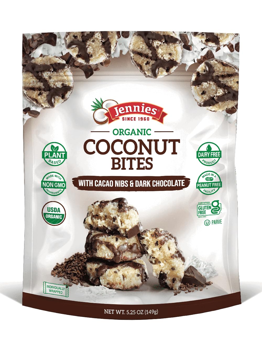 Jennies Coconut Bites close-up showing cacao nibs and coconut for a dairy-free indulgence.