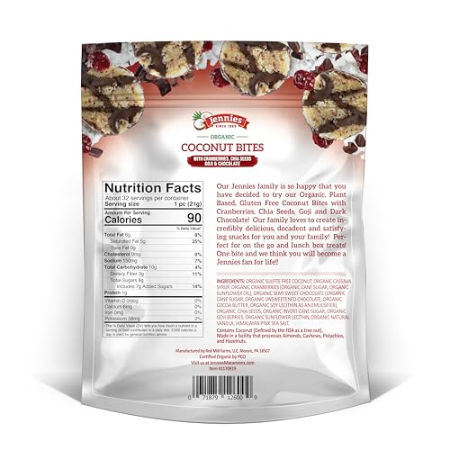 Jennies Organic Coconut Bites close-up showing chocolate and coconut textures for a satisfying chew