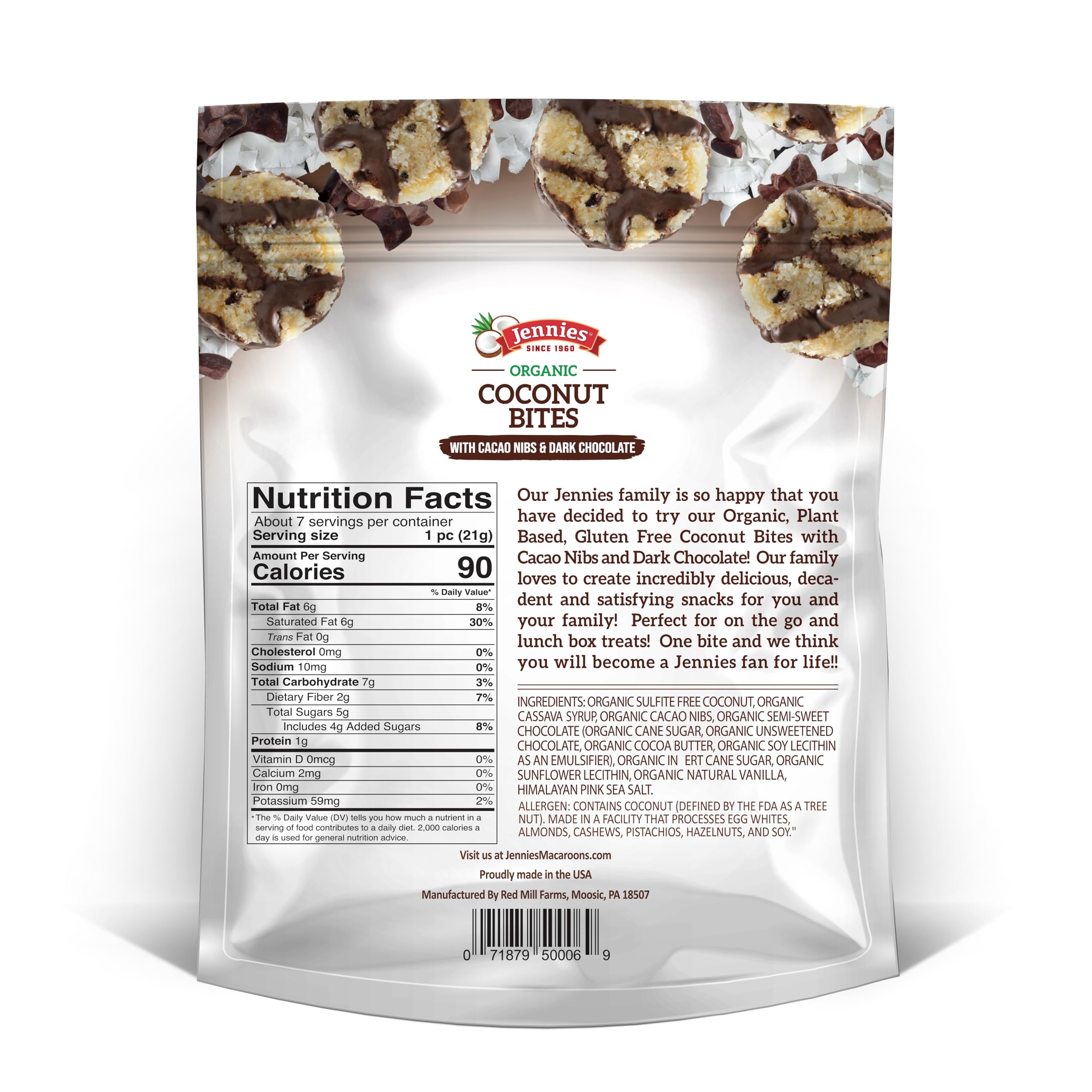 Jennies Coconut Bites packaging with portion control emphasizes freshness and portability.