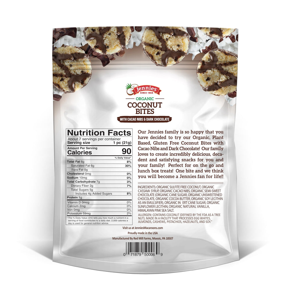 Jennies Coconut Bites packaging with portion control emphasizes freshness and portability.