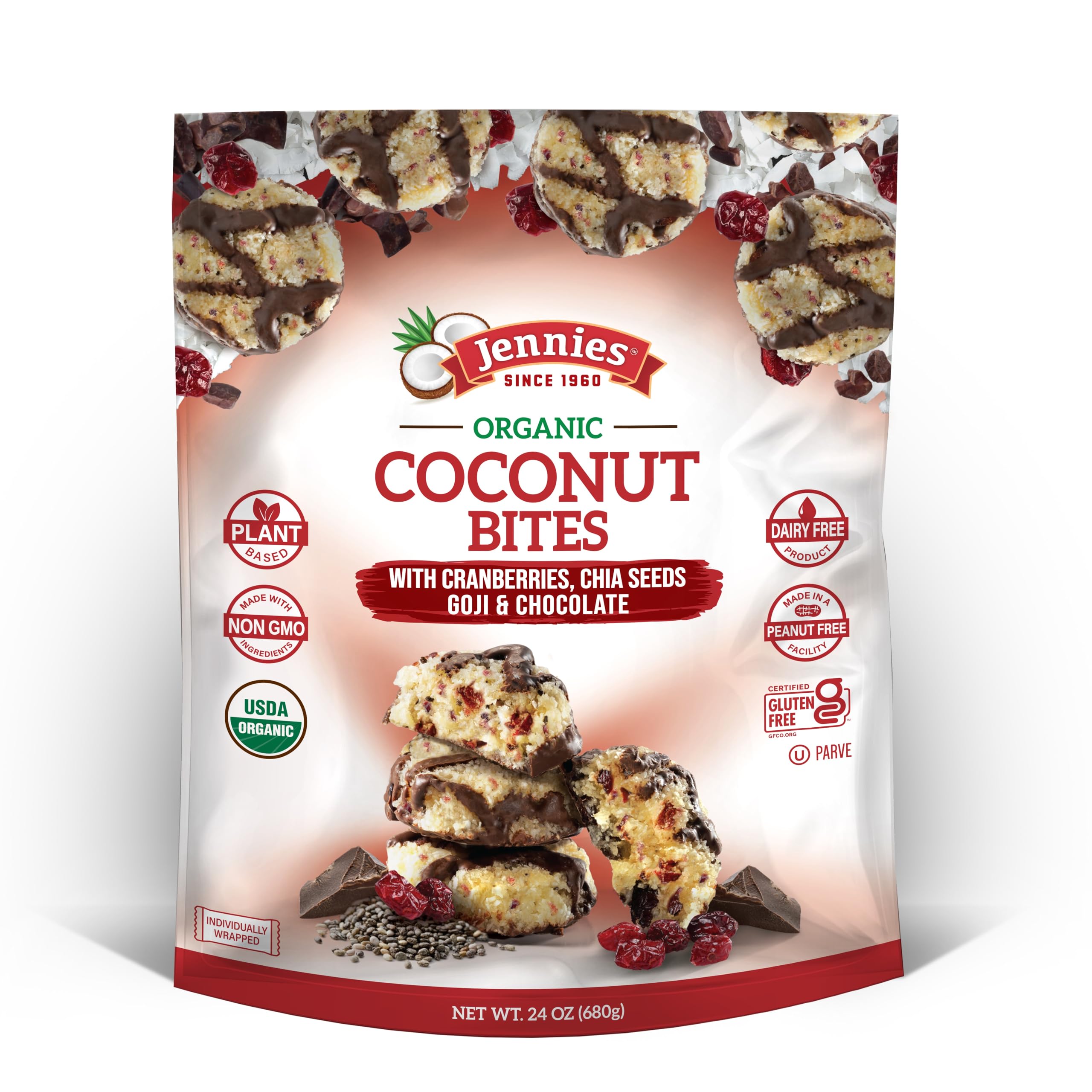 Jennies Organic Coconut Bites pack showing cranberries and goji for convenient snacking