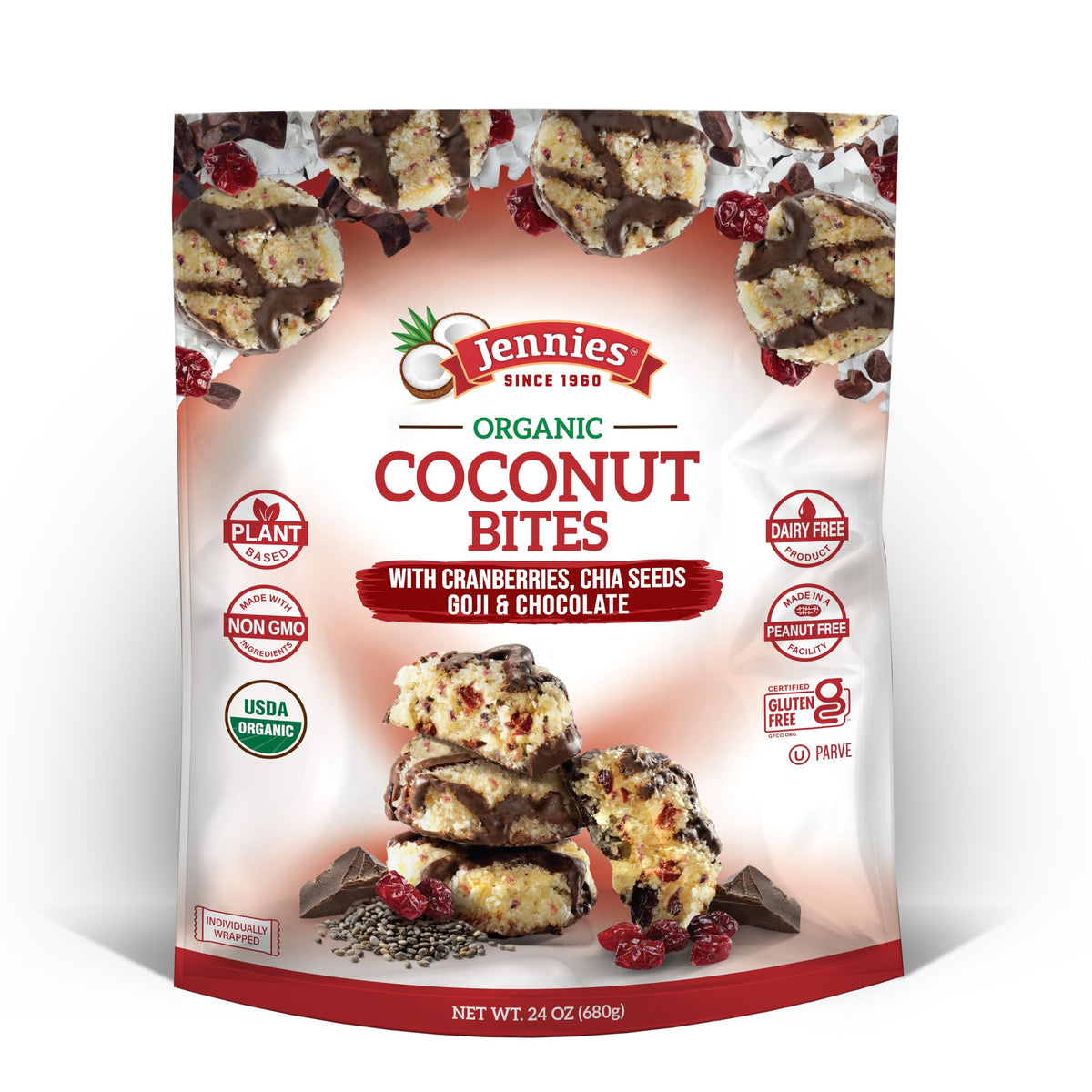 Jennies Organic Coconut Bites pack showing cranberries and goji for convenient snacking