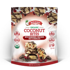 Jennies Organic Coconut Bites pack showing cranberries and goji for convenient snacking
