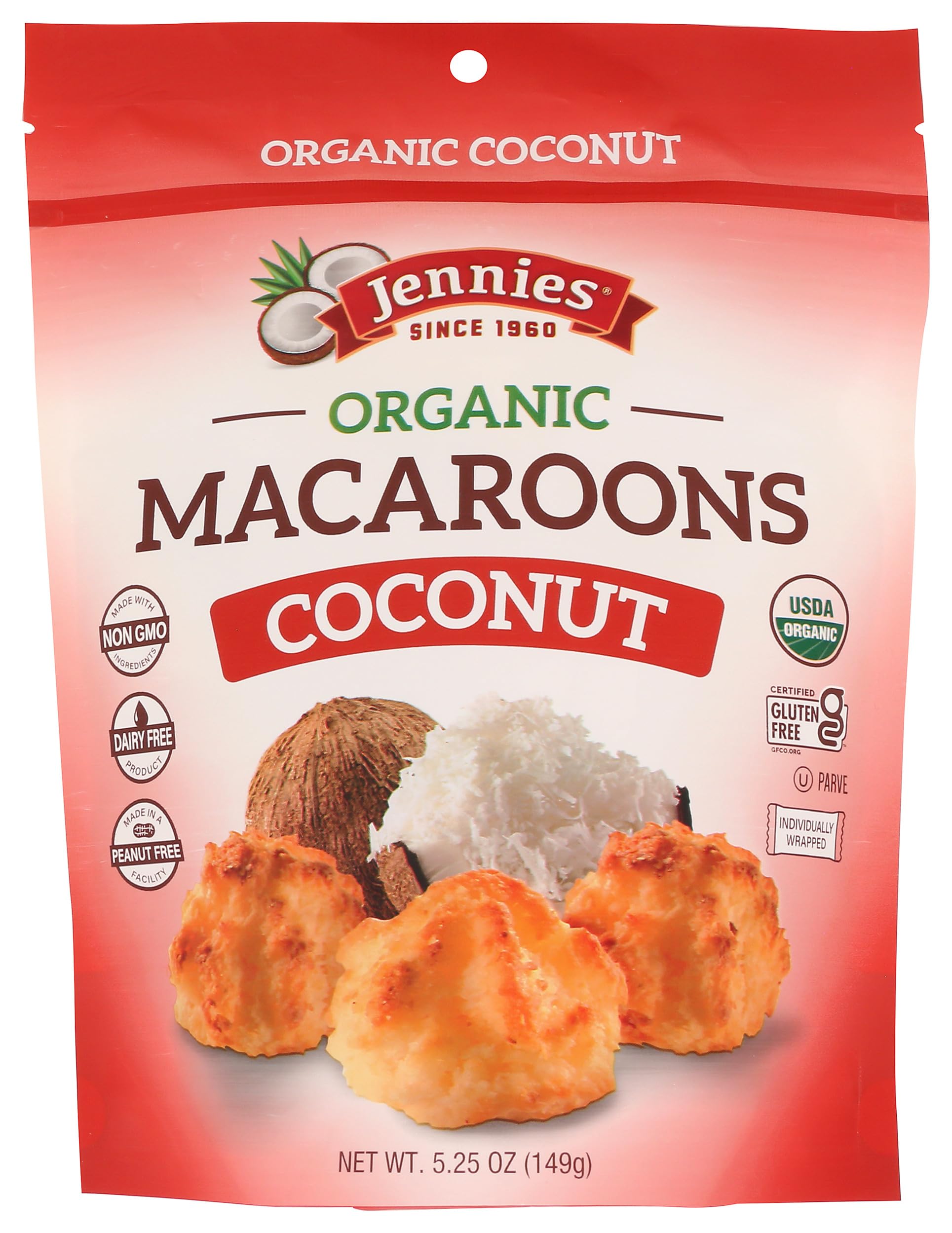 Jennies Organic Coconut Macaroons bag front, gluten-free and allergen-friendly snack.