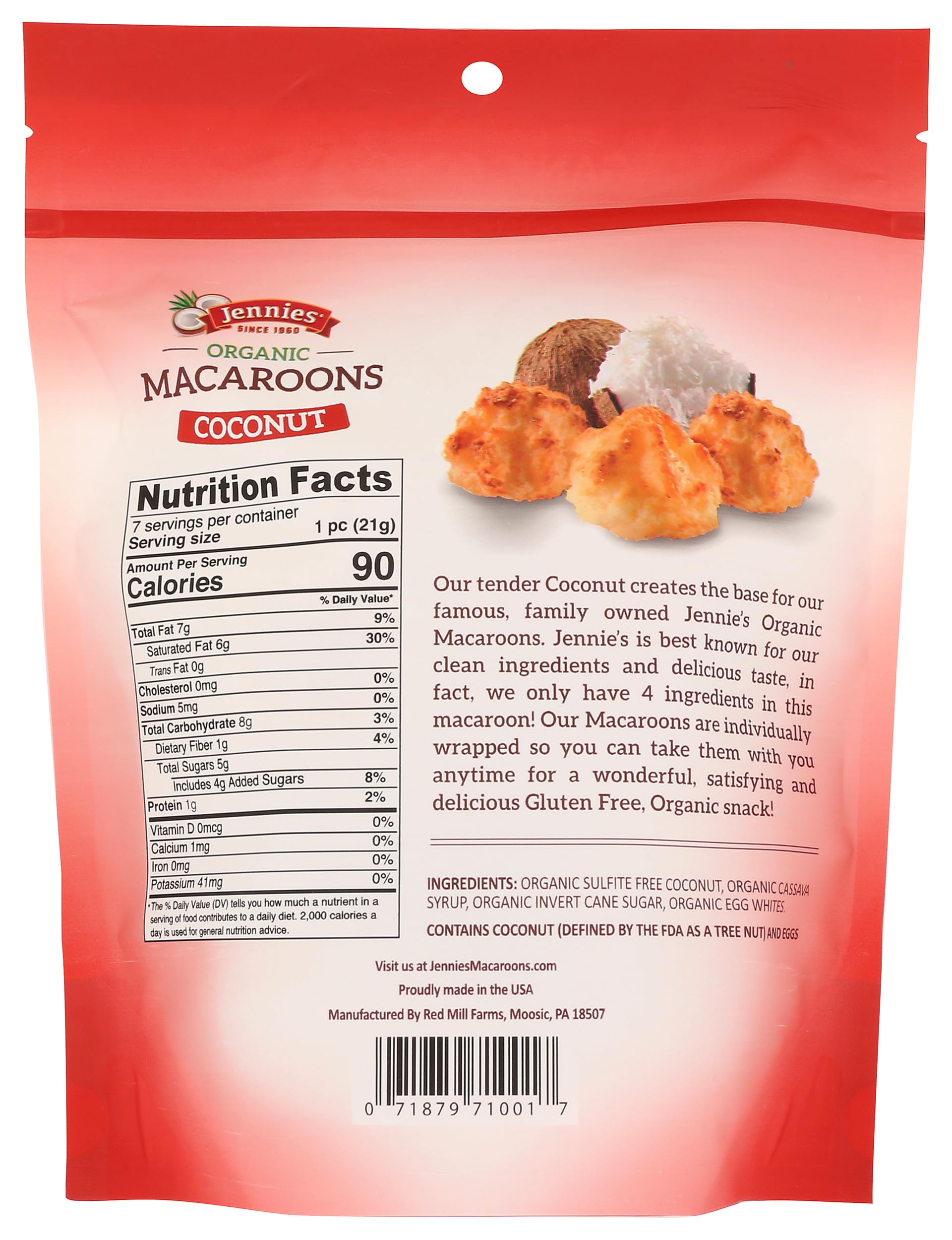 Jennies macaroons resealable pouch keeps freshness for on-the-go snacking.