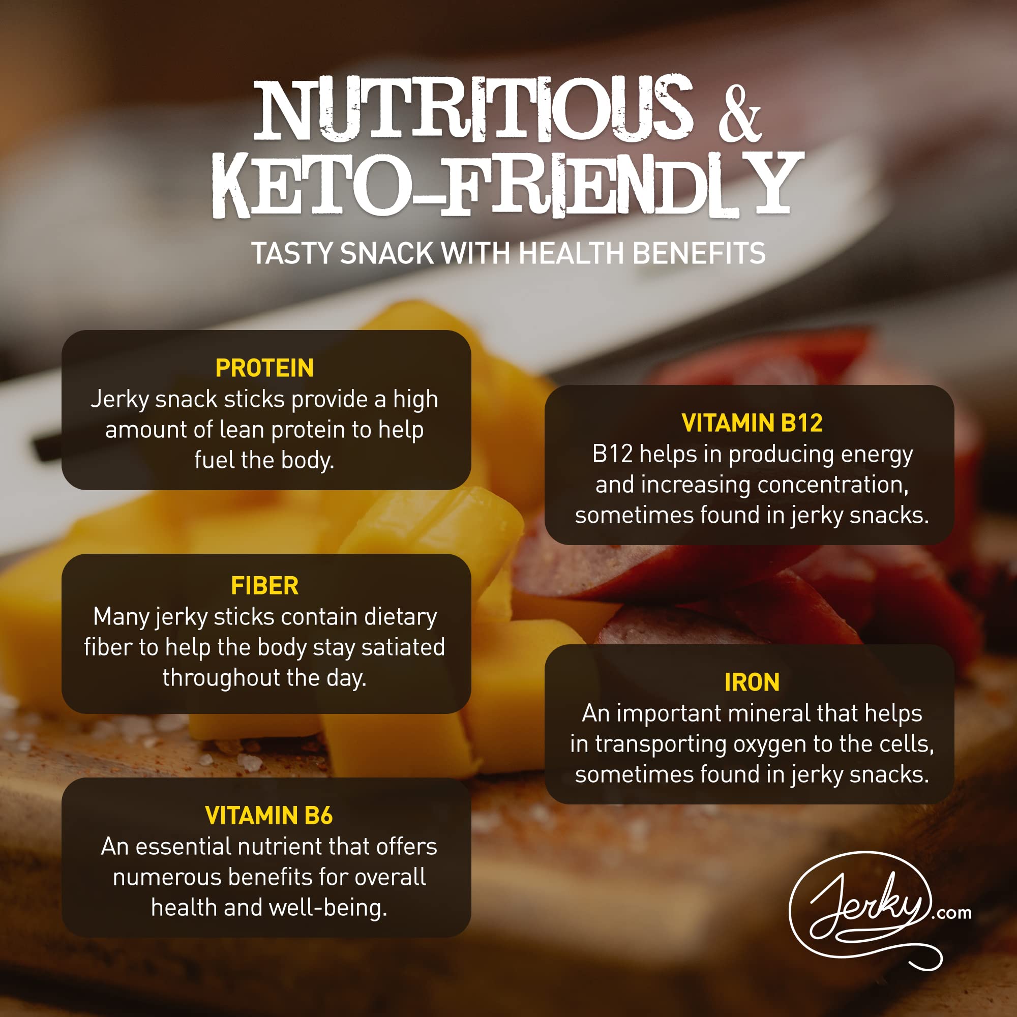 Jerky.com shelf-stable packaging communicates up to 12-month snack shelf life.