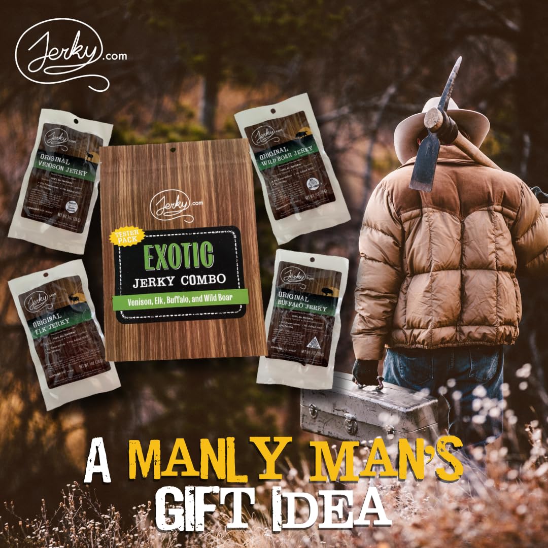Jerky.com Exotic Jerky Variety Pack elk single-stick, convenient beef-free protein option.