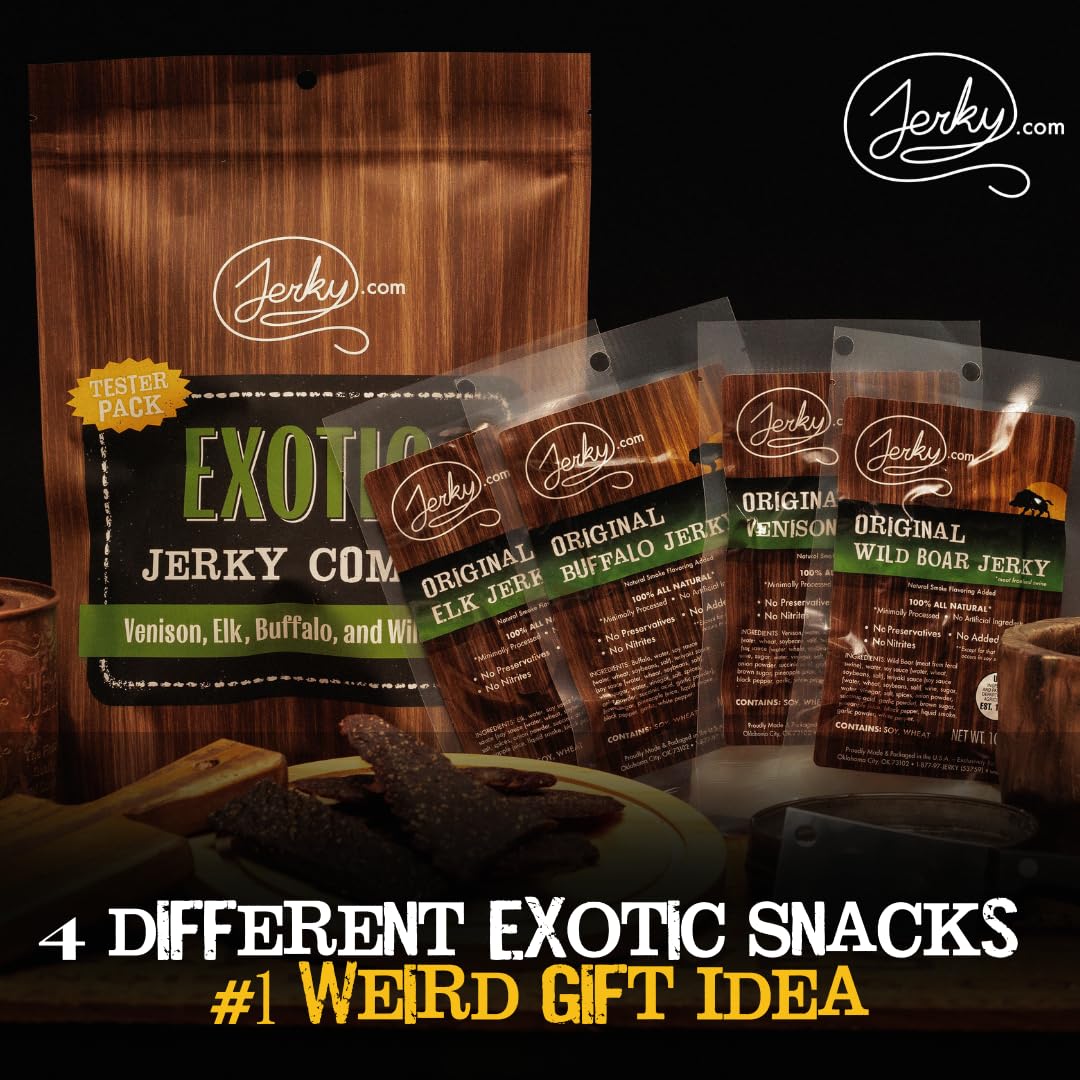 Jerky.com Exotic Jerky Variety Pack packaging back, nutrition highlights and ingredients at a glance.