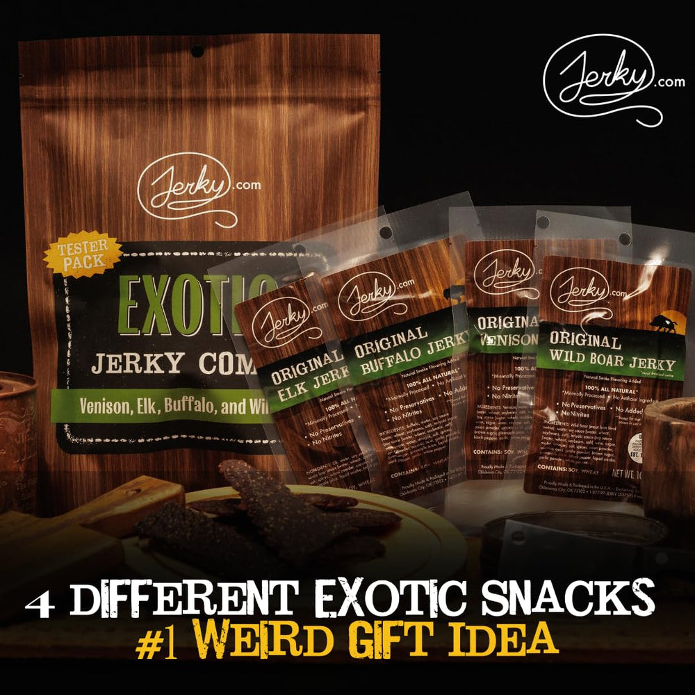Jerky.com Exotic Jerky Variety Pack packaging back, nutrition highlights and ingredients at a glance.