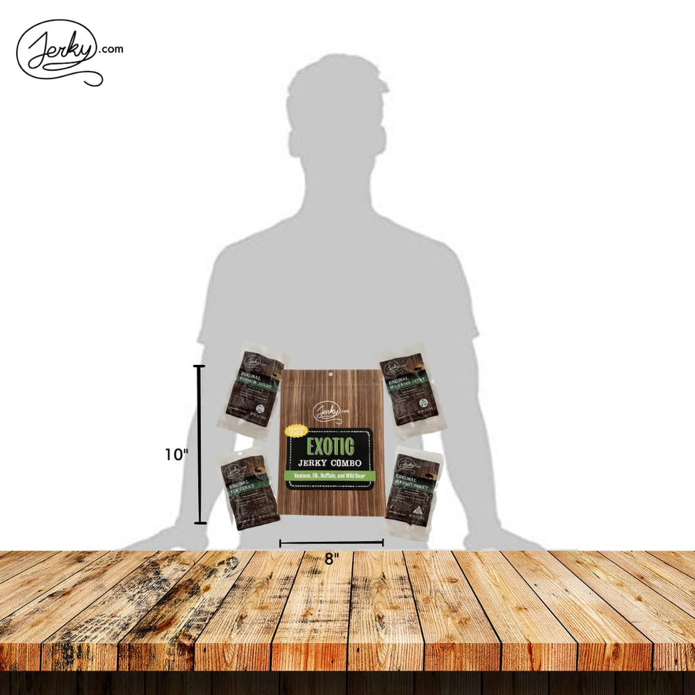 Jerky.com Exotic Jerky Variety Pack packaging front, premium selection in a gift-ready box.