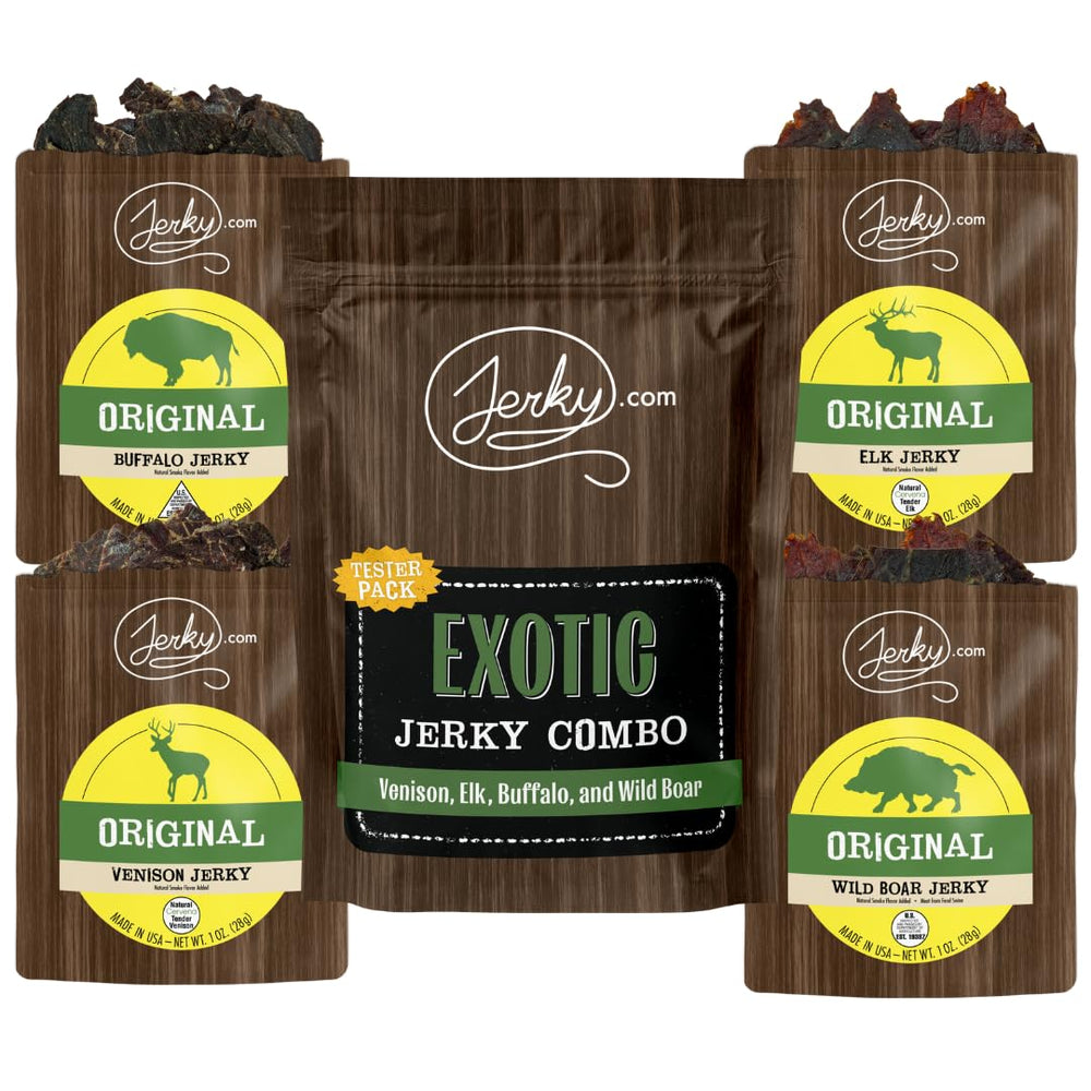 Jerky.com Exotic Jerky Variety Pack venison jerky slice, protein-packed on-the-go snack.