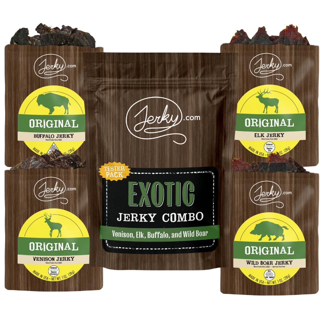 Jerky.com Exotic Jerky Variety Pack venison jerky slice, protein-packed on-the-go snack.