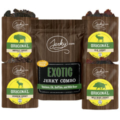 Jerky.com Exotic Jerky Variety Pack venison jerky slice, protein-packed on-the-go snack.
