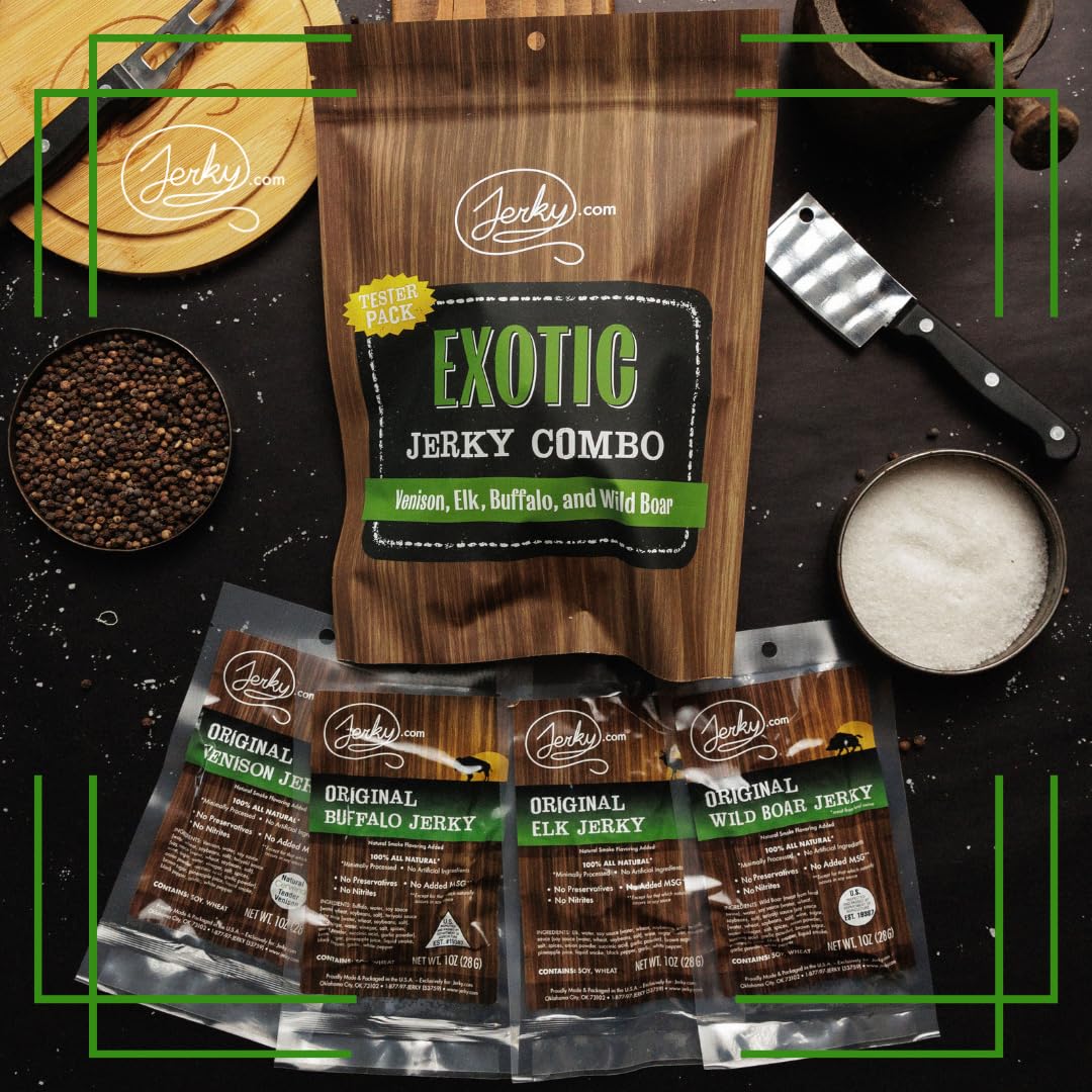 Jerky.com Exotic Jerky Variety Pack venison single-stick, grab-and-go protein boost.