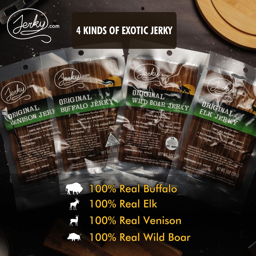 Jerky.com Exotic Jerky Variety Pack wild boar jerky bite, savory and satisfying.