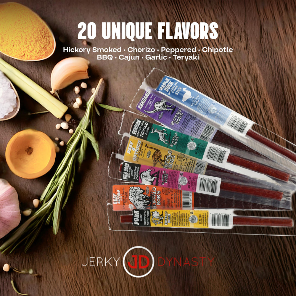 Buffalo Bob's Exotic Jerky Gift Box includes buffalo jerky slices for bold snacking.