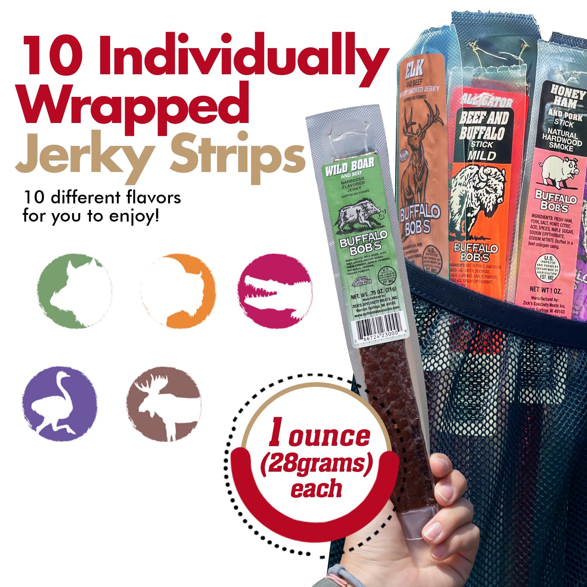 Jerky-n-Spice Elk jerky strip emphasizing hearty texture for snack breaks.