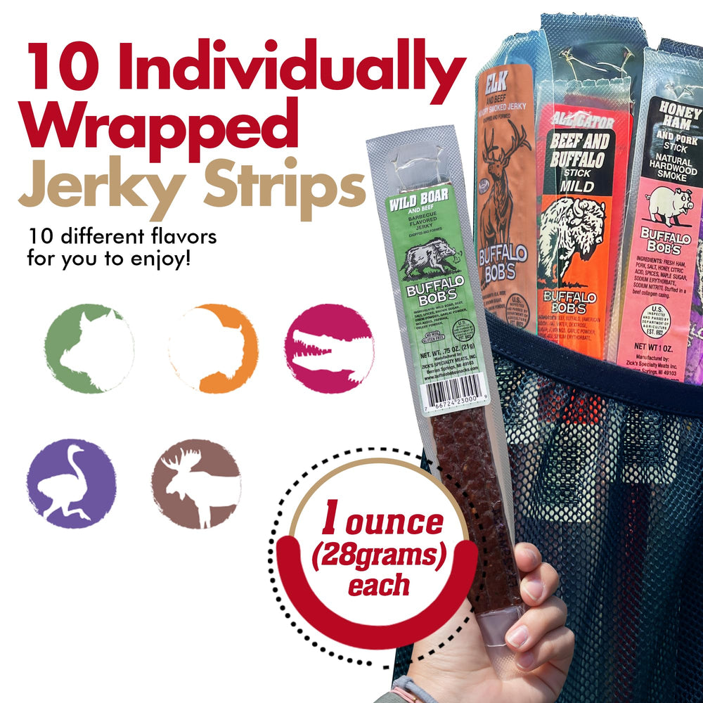 Jerky-n-Spice Elk jerky strip emphasizing hearty texture for snack breaks.