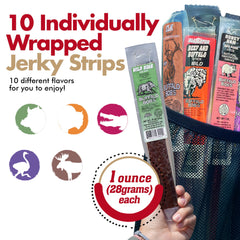 Jerky-n-Spice Elk jerky strip emphasizing hearty texture for snack breaks.