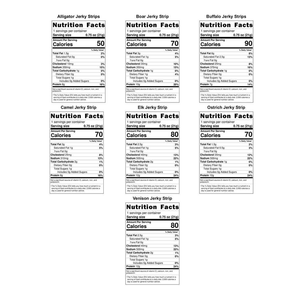 Jerky-n-Spice Exotic Jerky Variety Pack flavors display, diverse protein options for road trips.