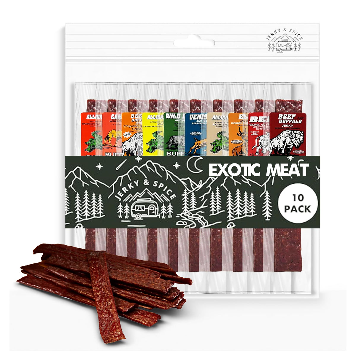 Jerky-n-Spice Exotic Jerky Variety Pack front view, bold flavors for on-the-go snacking.