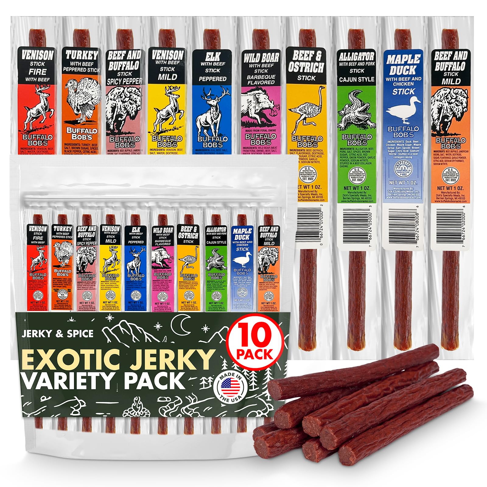 Jerky-n-Spice exotic meat sticks 10-pack assortment for bold snacking on the go.