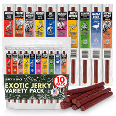 Jerky-n-Spice exotic meat sticks 10-pack assortment for bold snacking on the go.