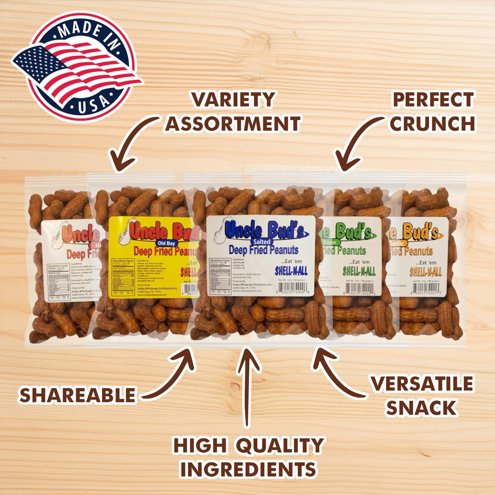 Jerky-n-Spice Uncle Bud's deep fried peanuts in shell hot variety for spicy bites.