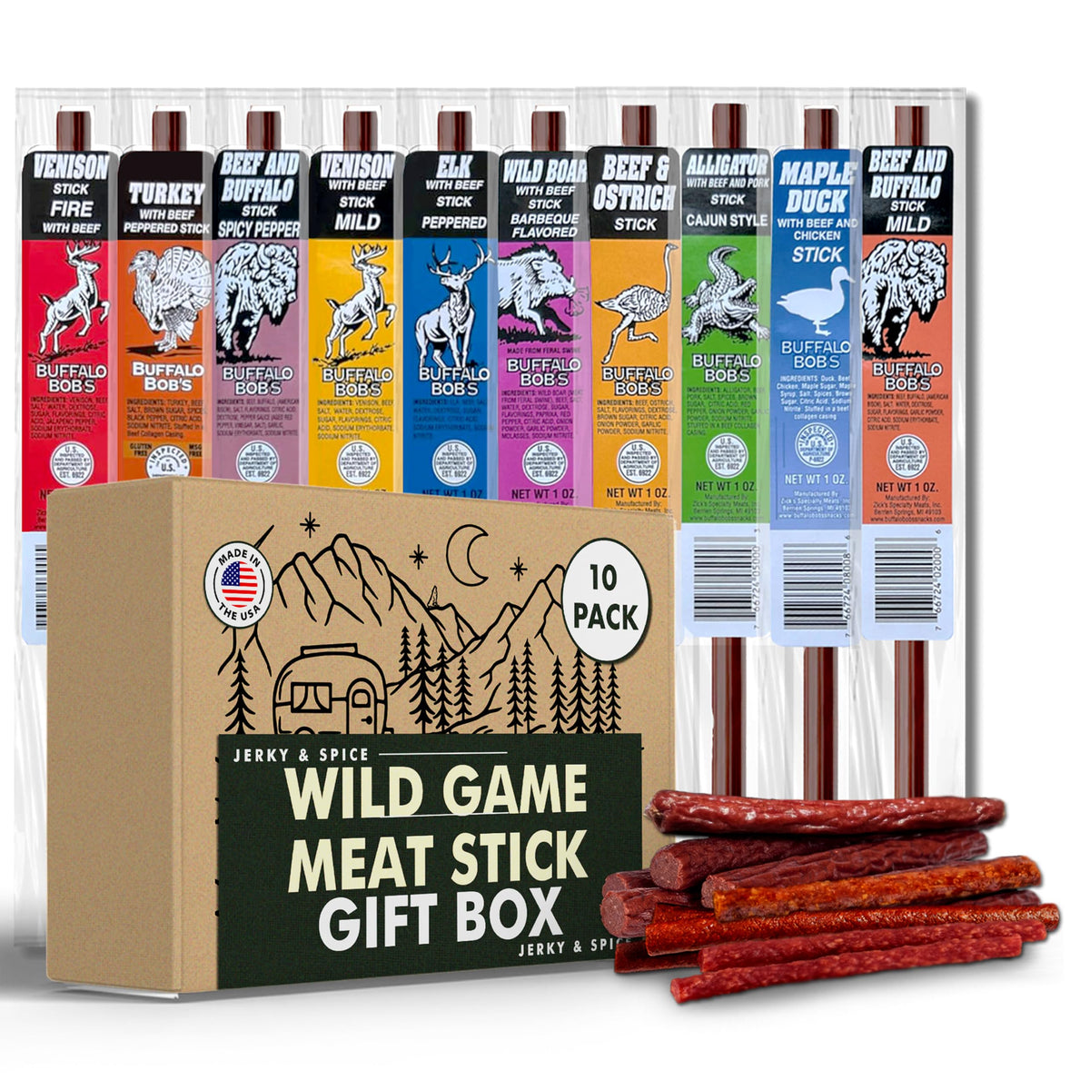Jerky-n-Spice 10-pack wild game sticks in a box for bold on-the-go protein.