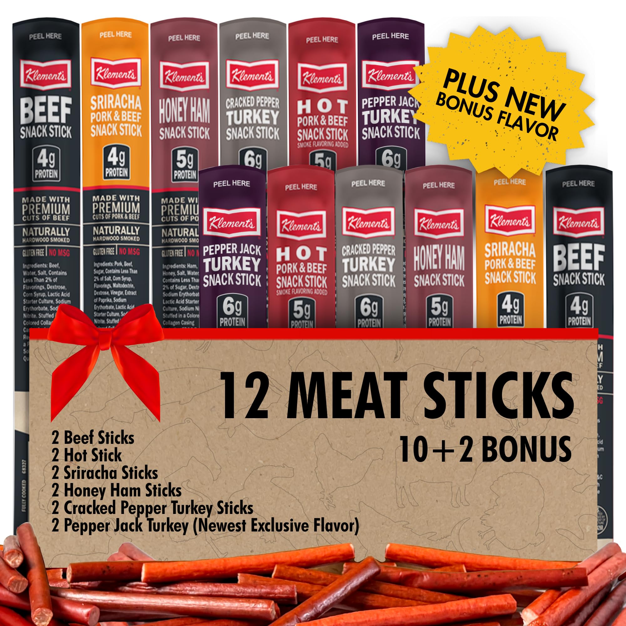 Jerky.com 12-pack sampler with assorted meat sticks for on-the-go snacking.