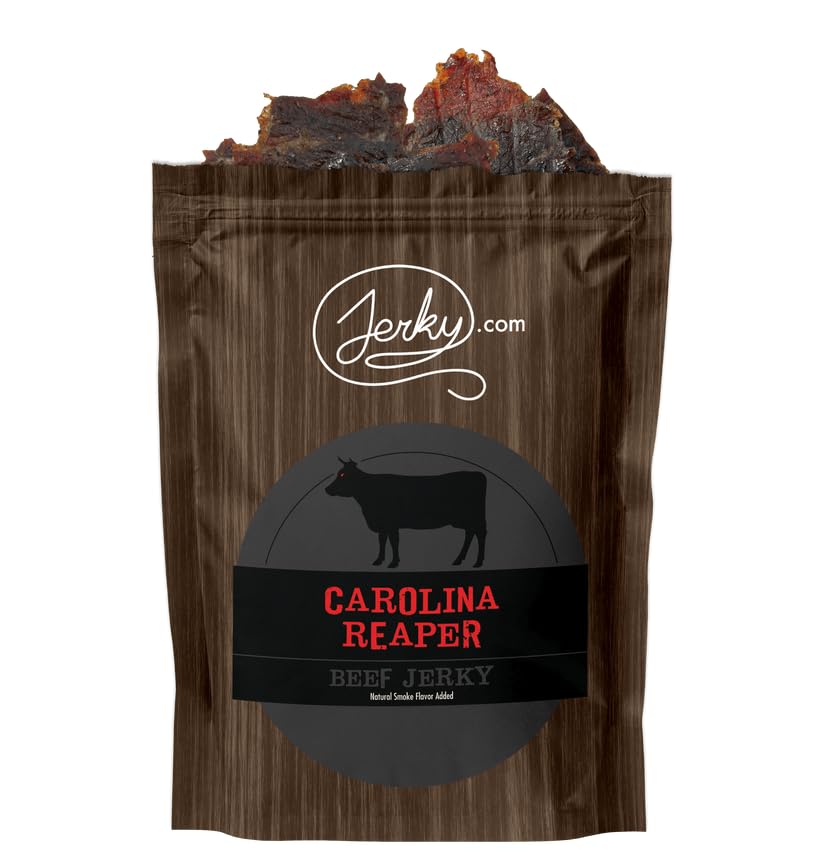 Jerky.com Carolina Reaper beef jerky 2.5oz bag ready-to-eat protein on the go.