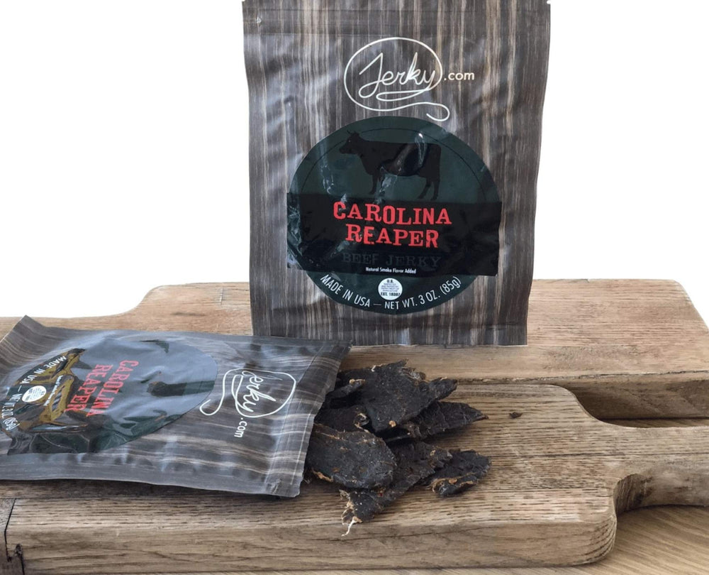 Jerky.com Carolina Reaper packaging label, premium on-the-go snack with no preservatives.