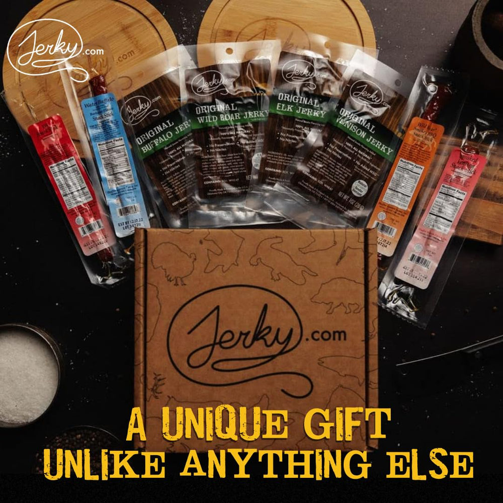 Jerky.com Exotic Jerky Gift Box individually wrapped snacks for travel