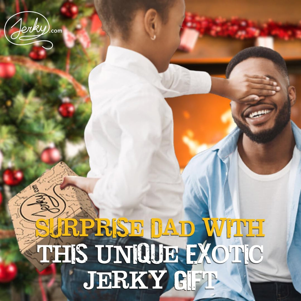 Jerky.com Exotic Jerky Gift Box packaging view, premium gift presentation