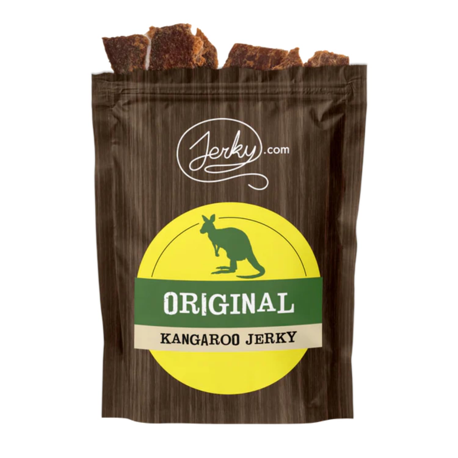 Jerky.com Original Kangaroo Exotic Jerky packshot highlights premium protein for on-the-go snacking.