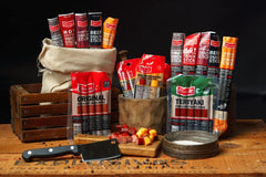 Jerky.com gift basket for men on display, ideal for desk snacks or gifting.