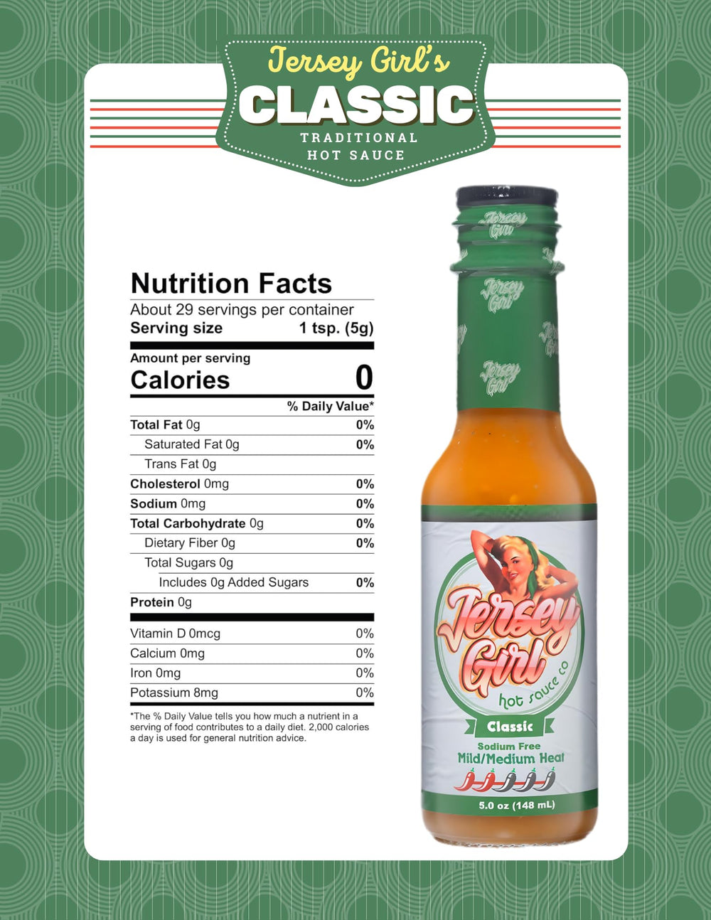 Jersey Girl Classic Habanero hot sauce label highlights four pepper blend and salt-free promise