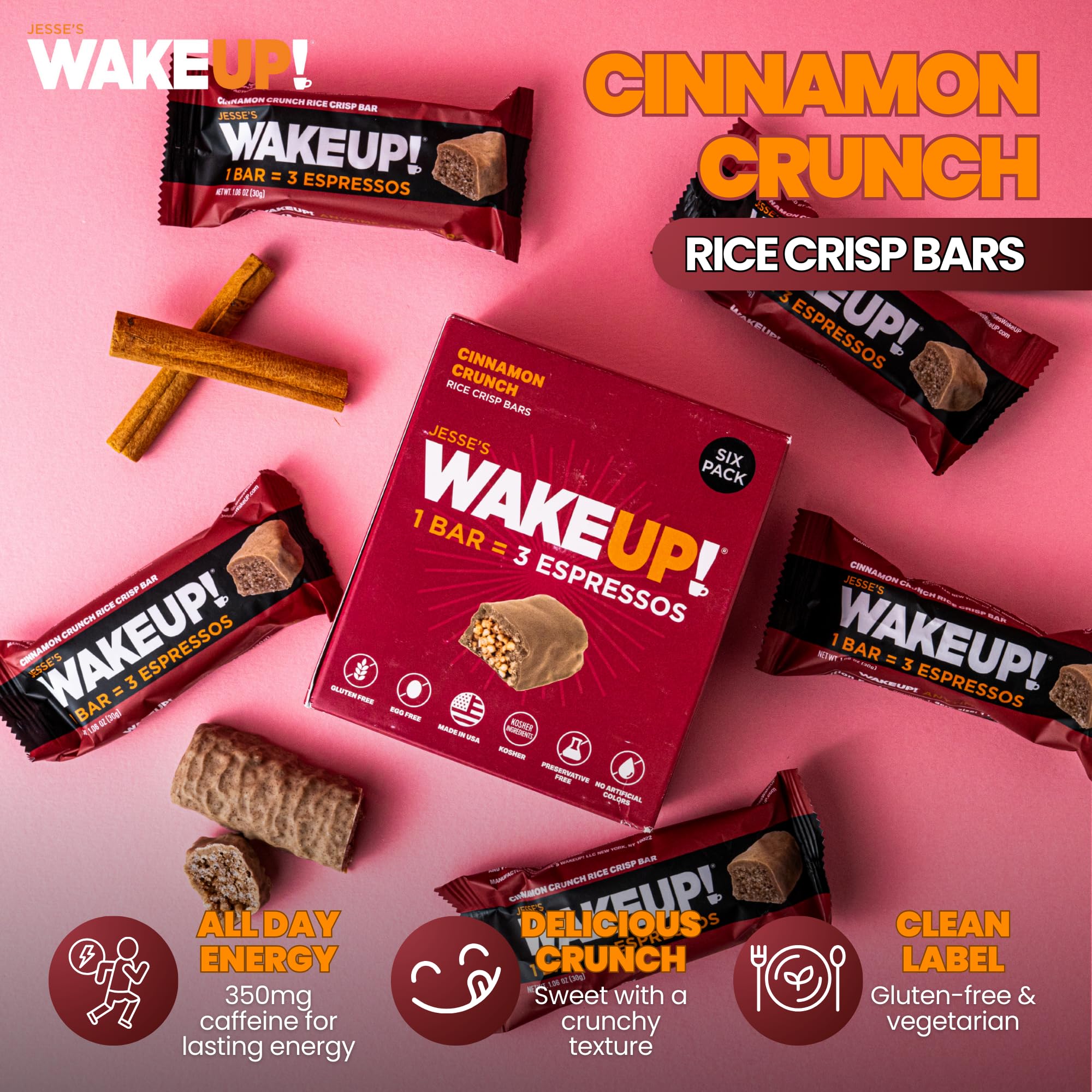 Jesse's WakeUP Cinnamon Crunch bar on desk for on-the-go energy.