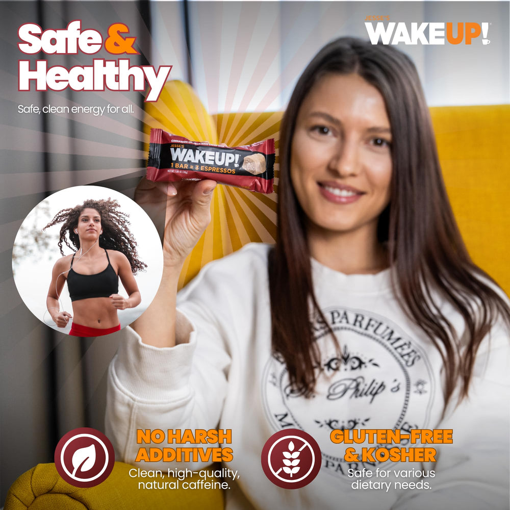 Jesse's WakeUP Cinnamon Crunch bar in gym bag ready for a workout boost.
