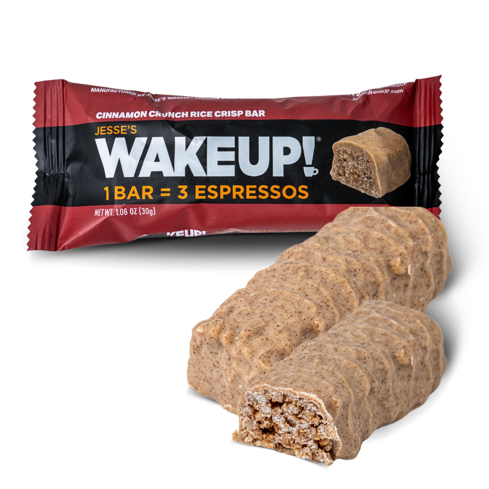 Jesse's WakeUP Cinnamon Crunch close-up, crispy texture signals dessert-like energy.