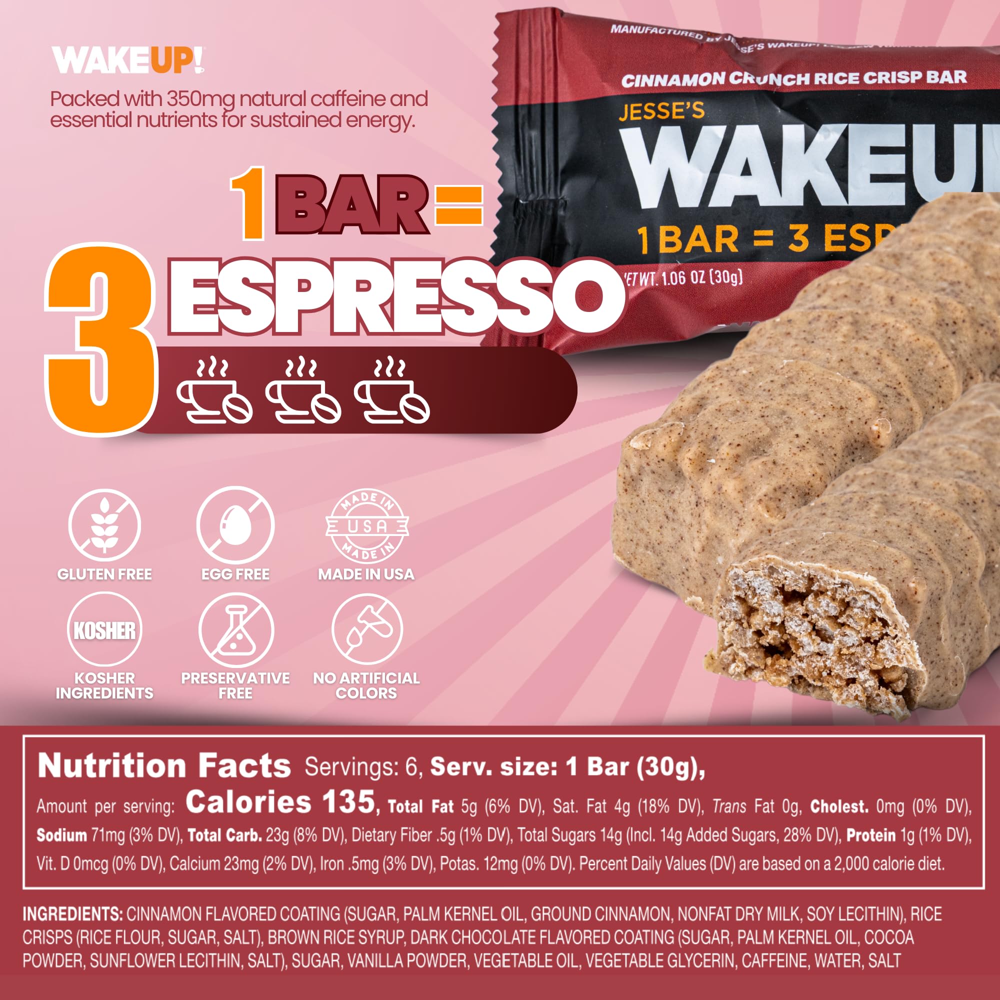 Jesse's WakeUP Cinnamon Crunch nutrition card highlights vegetarian, gluten-free options.