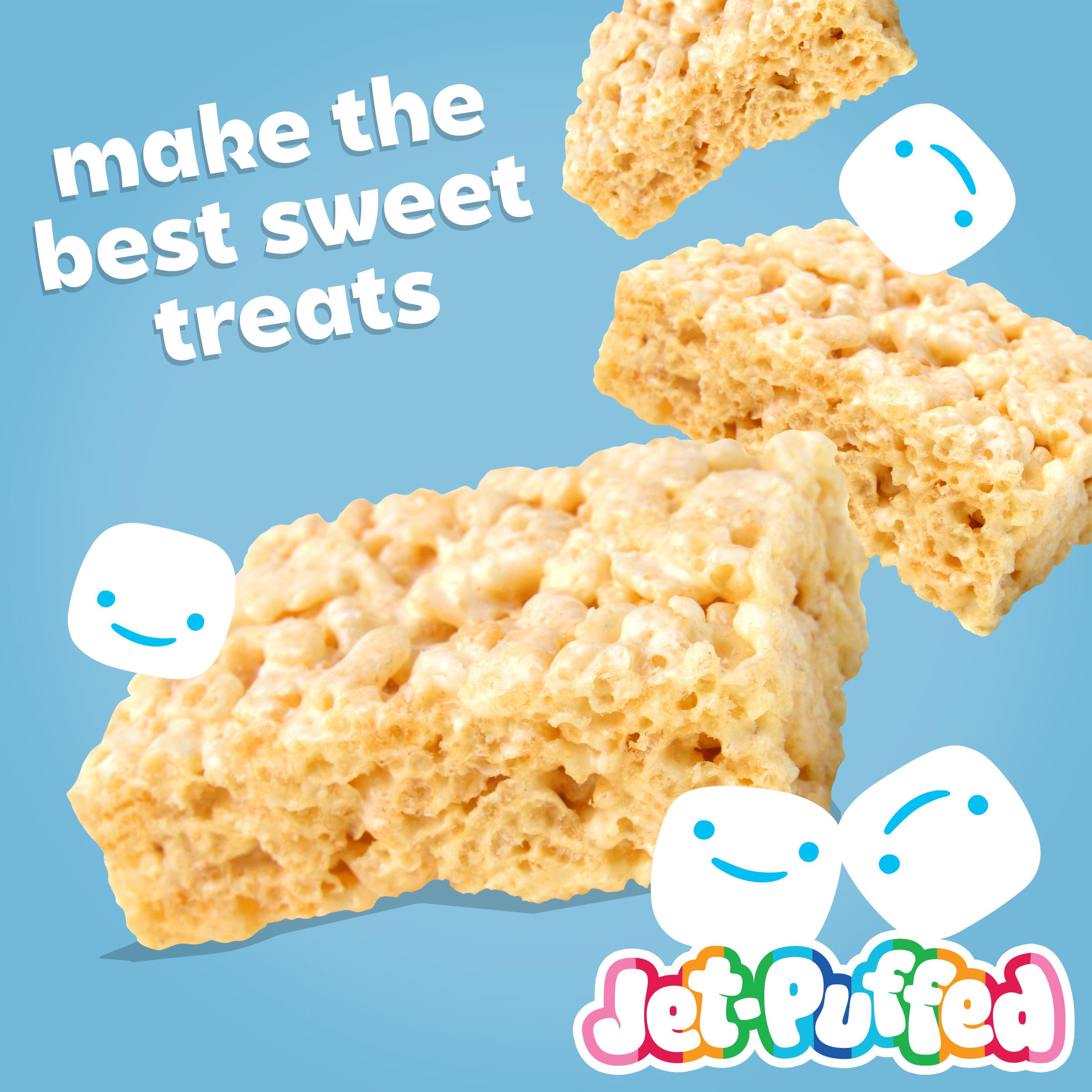 Jet-Puffed Marshmallows in a sealed bag signaling lasting freshness.