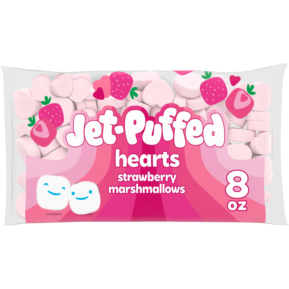 Jet-Puffed Strawberry Hearts Marshmallows pack front shows a festive Valentines snack idea.