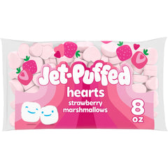 Jet-Puffed Strawberry Hearts Marshmallows pack front shows a festive Valentines snack idea.