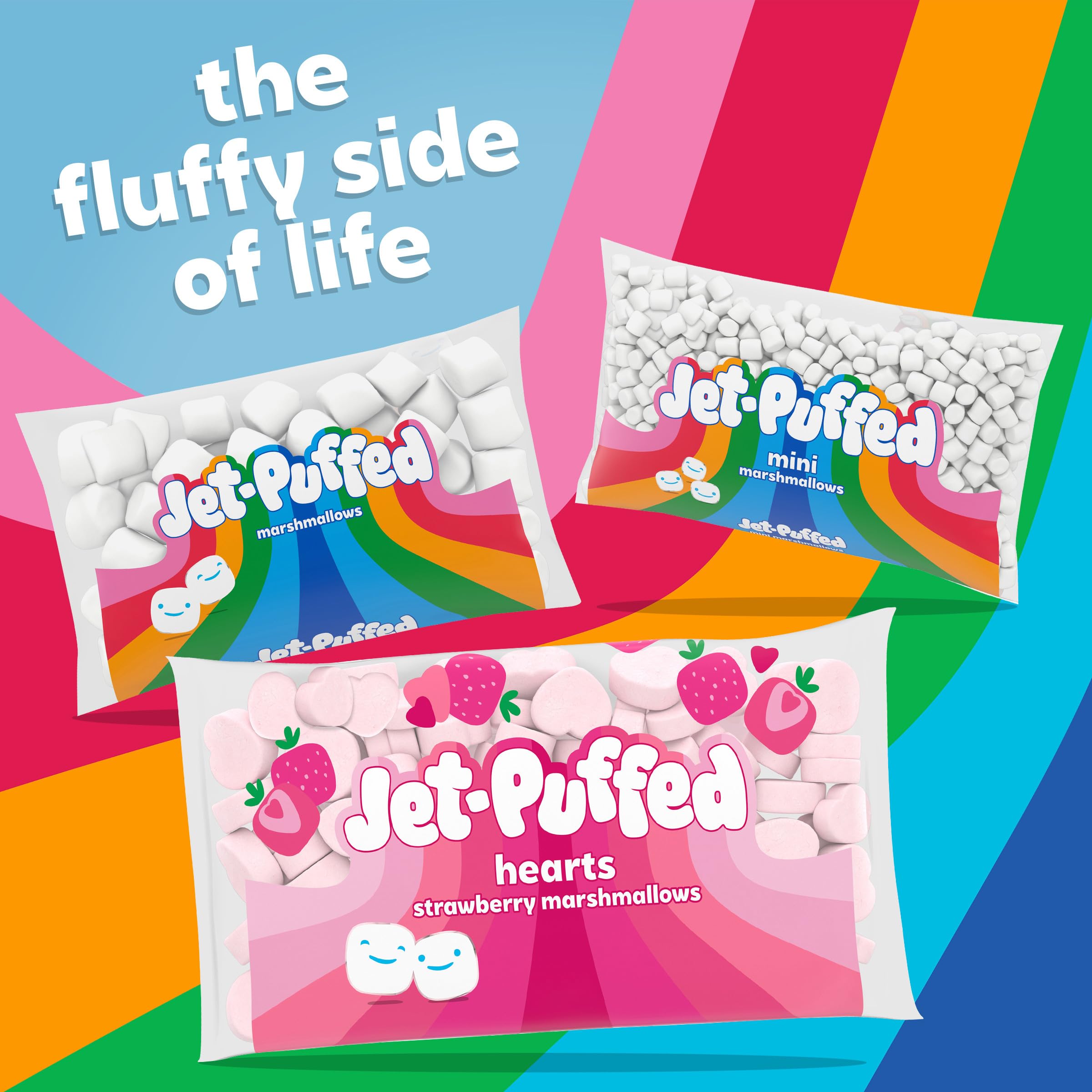 Jet-Puffed Strawberry Hearts Marshmallows served at a table with treats.